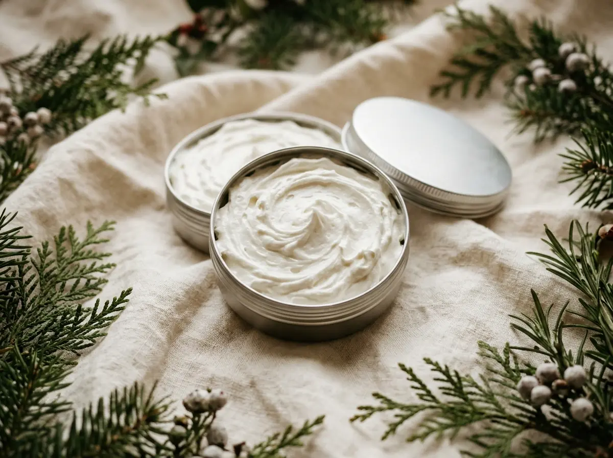 Open silver tins of whipped body butter on linen