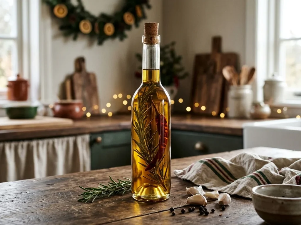 Bottle of olive oil infused with rosemary and a red chilli