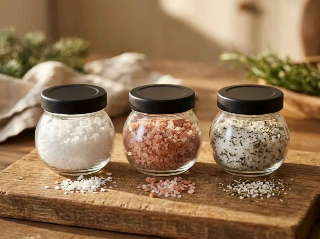 Three small jars of flavoured finishing salts in a row
