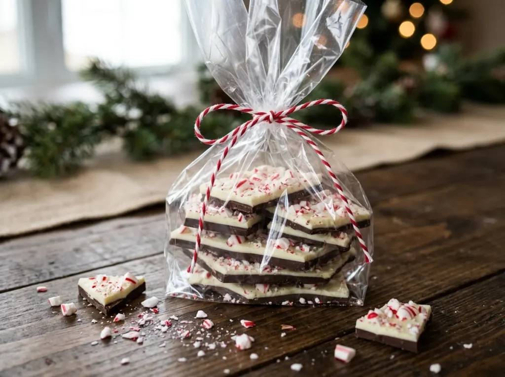 Peppermint bark shards in a cellophane bag with twine