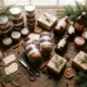Homemade Christmas gifts in jars, bottles and tins on a table