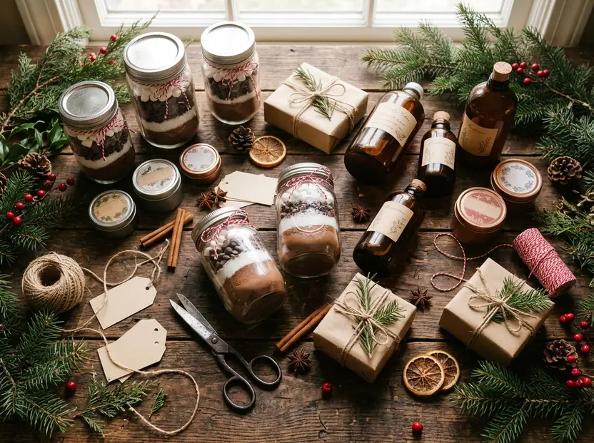 Homemade Christmas gifts in jars, bottles and tins on a table