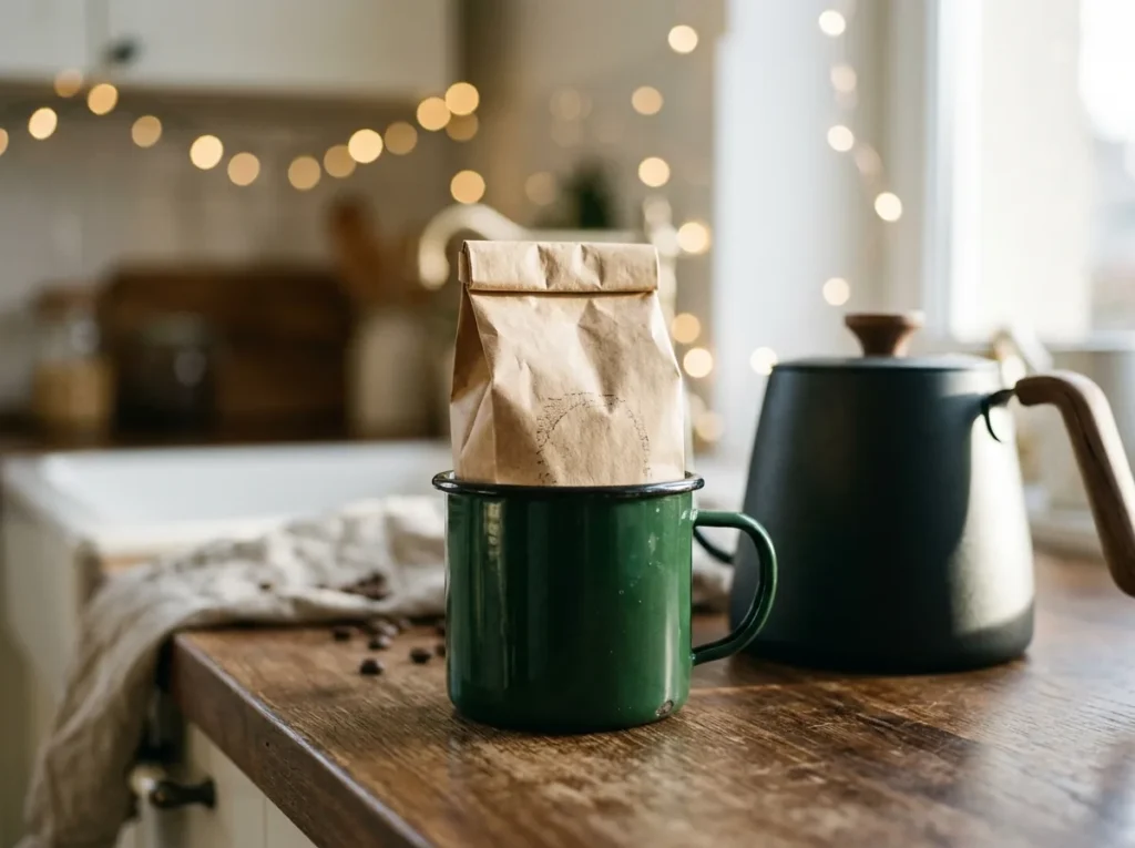 Bag of coffee beans standing inside a green enamel mug