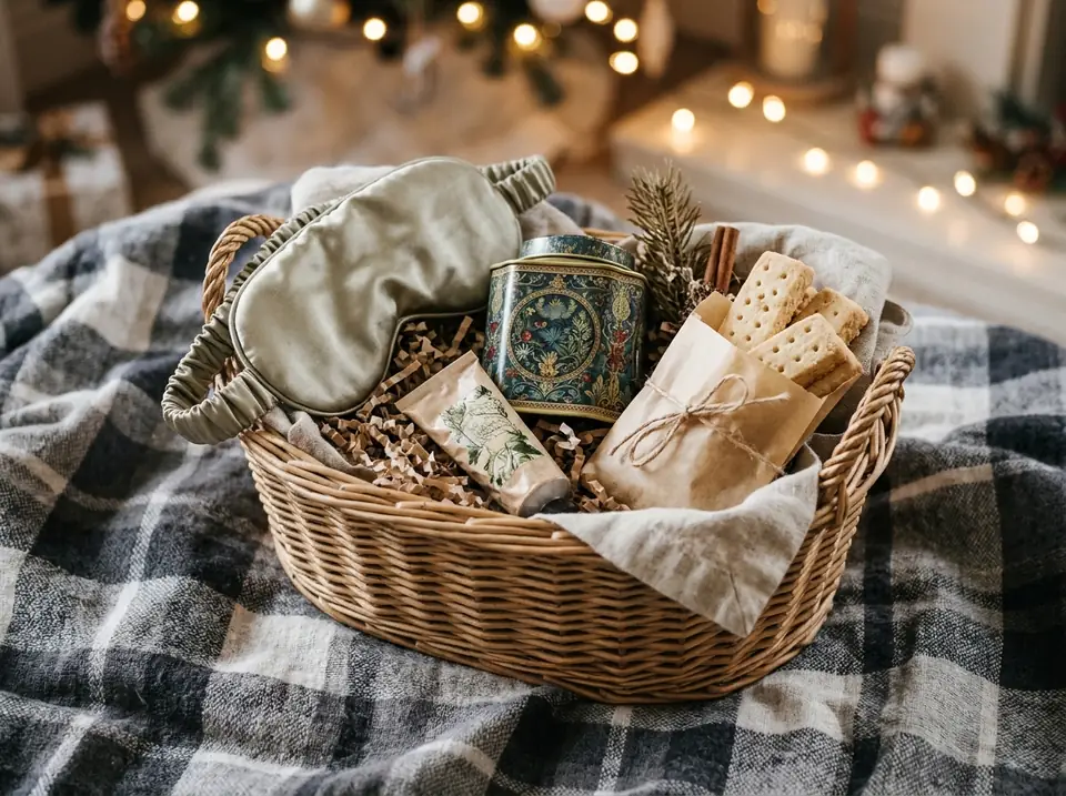 Woven hamper with hand cream, sleep mask and tea