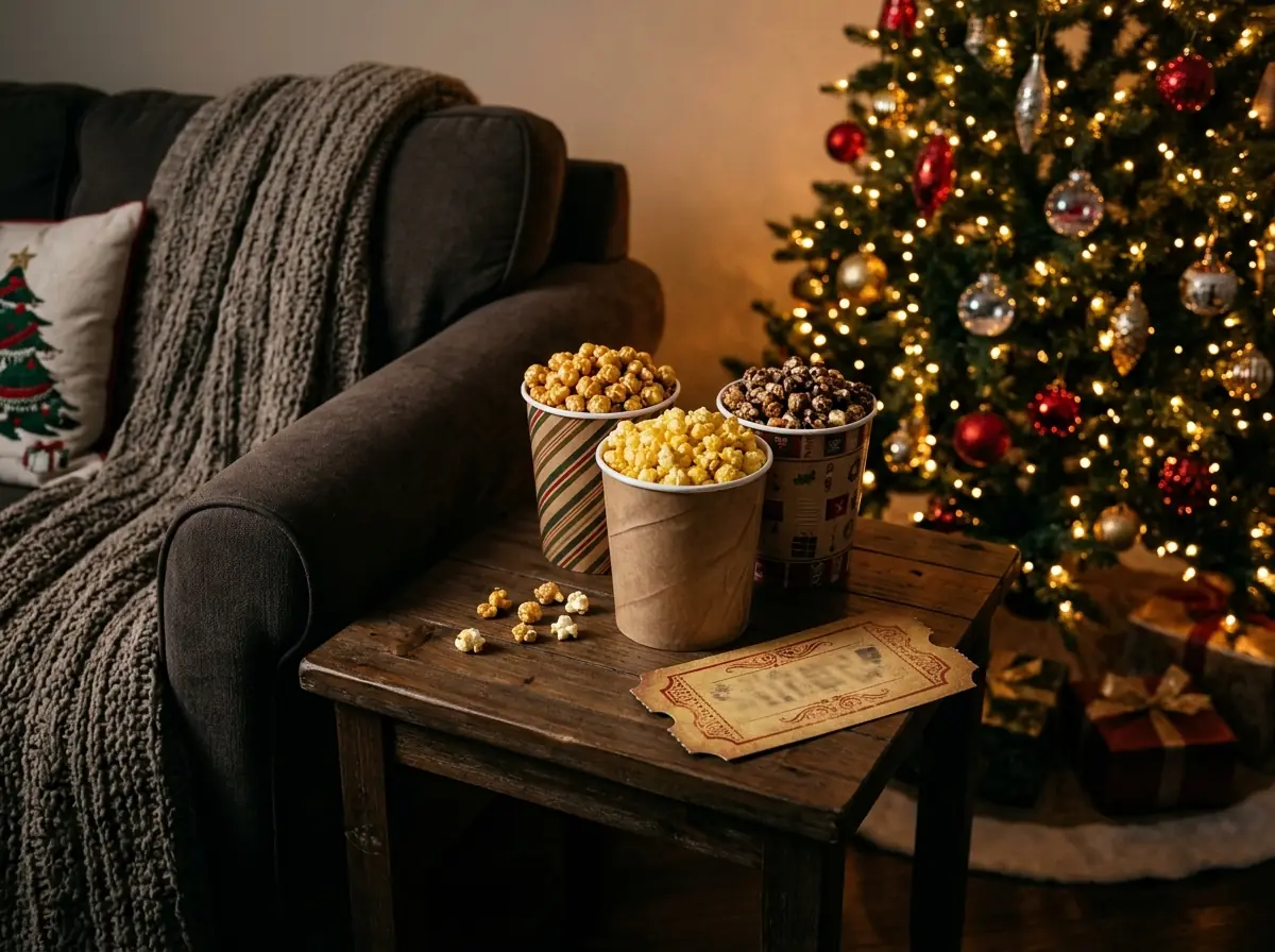 Gourmet popcorn tubs on a sofa-side table