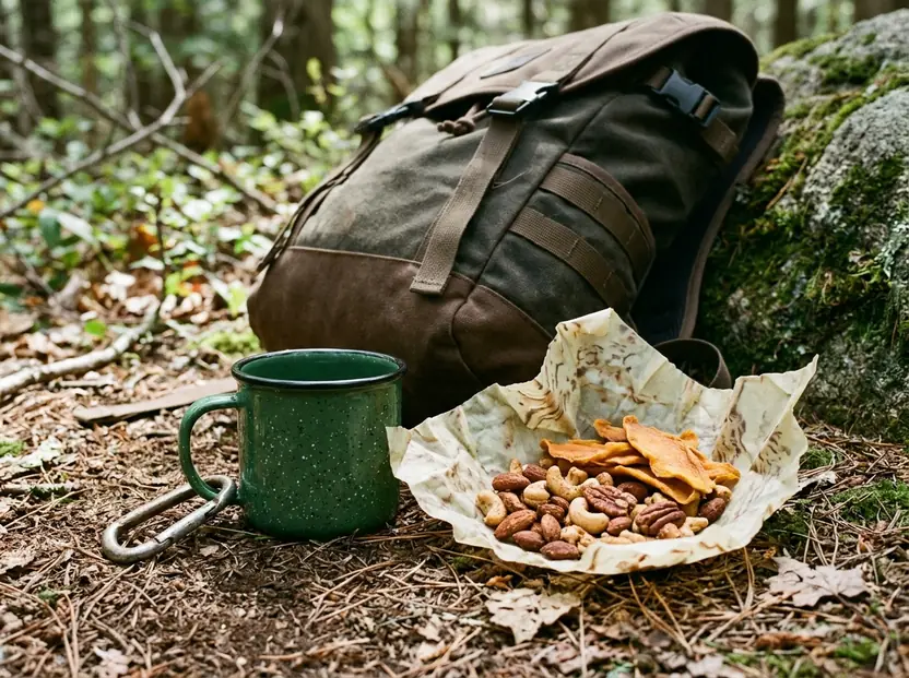 Speckled enamel camp mug with trail snacks by a rucksack