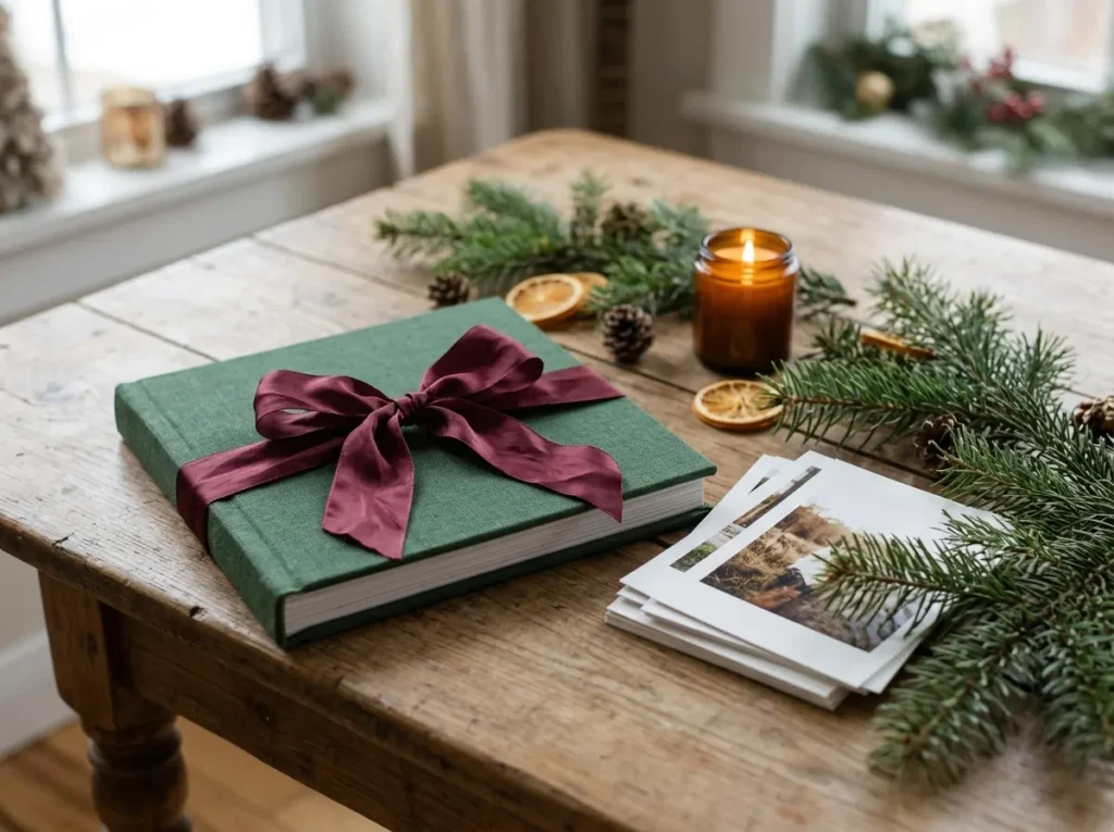 Hardcover photo book tied with ribbon beside photo prints