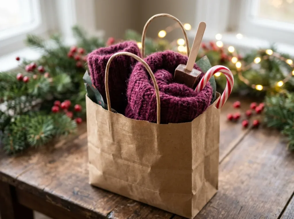 Chunky knit socks with a hot chocolate stick in a gift bag
