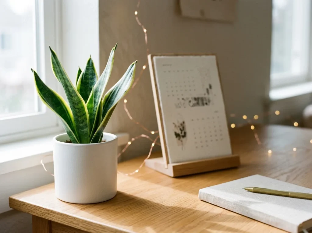 Snake plant and minimalist desk calendar on a desk