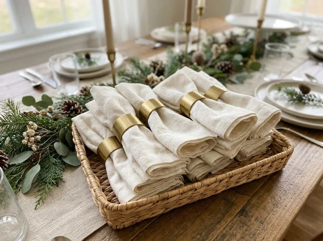 Folded ivory linen napkins with brass rings in a basket