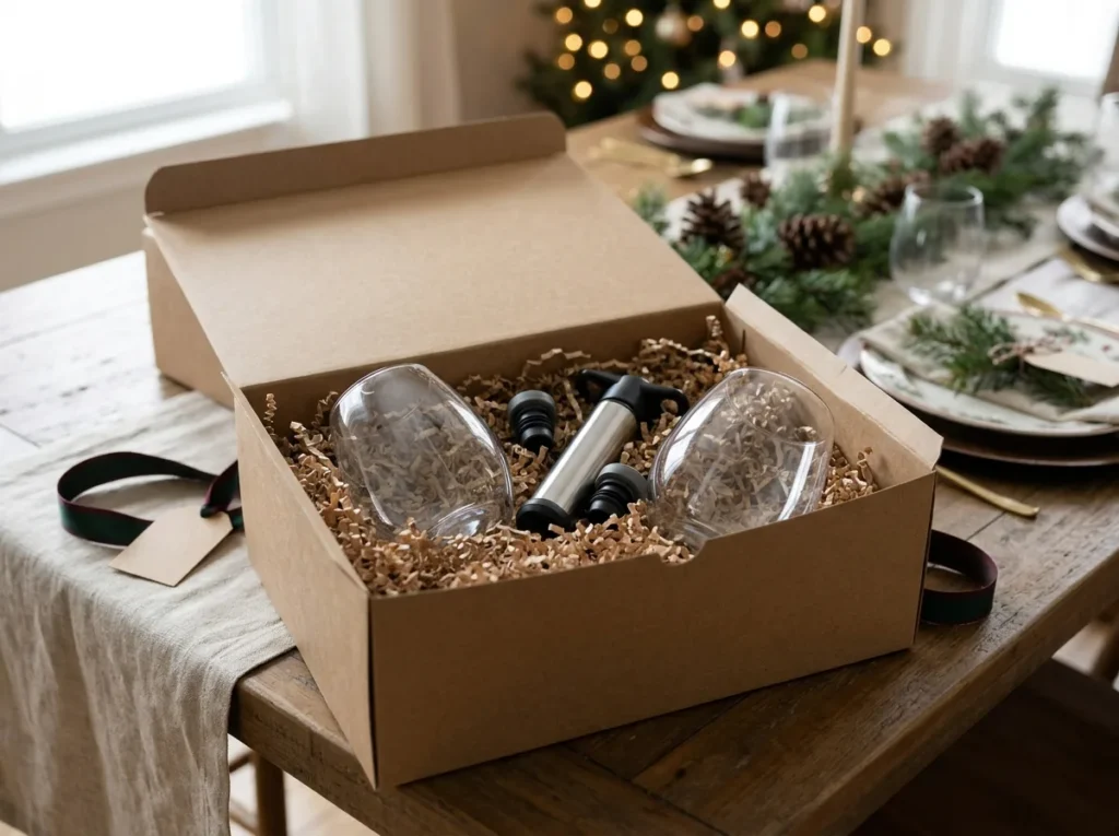 Stemless wine glasses and stopper set in a kraft gift box