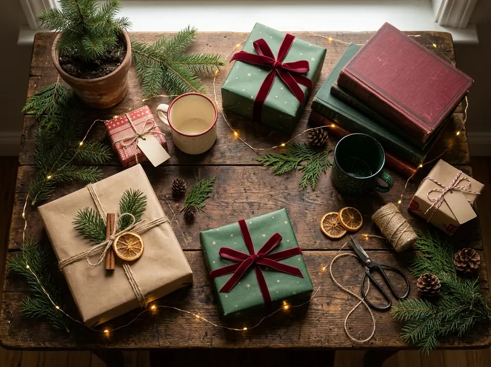 Wrapped Christmas gifts for friends on a wooden table