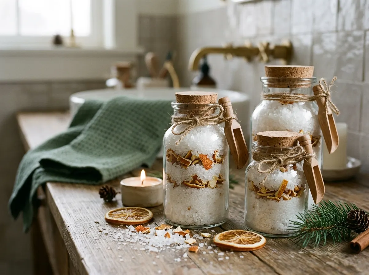 Layered bath salt jars with wooden scoops