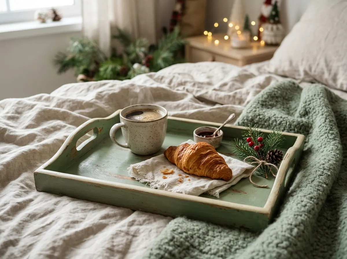 Painted breakfast tray with coffee and croissant