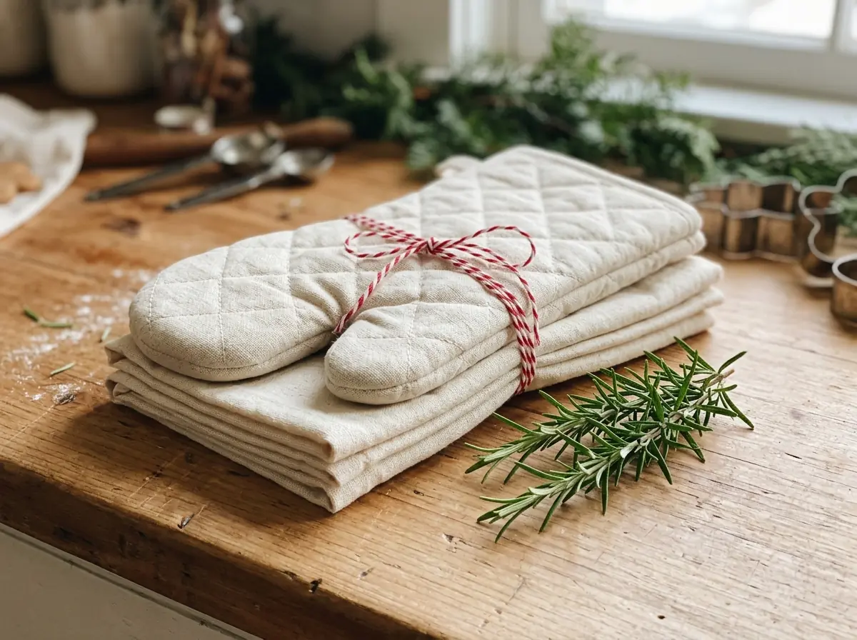 Oven mitt and towel gift set tied with twine