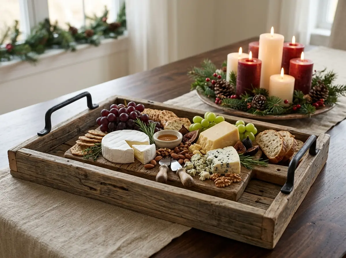 Rustic wooden serving tray with iron handles