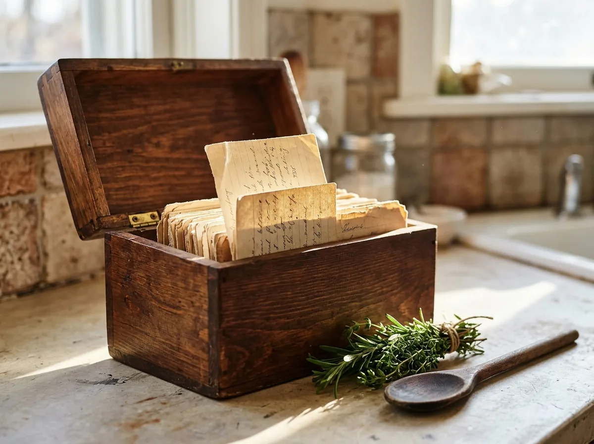 Wooden recipe box with recipe cards