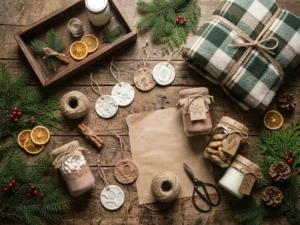 Finished DIY family Christmas gifts on a table