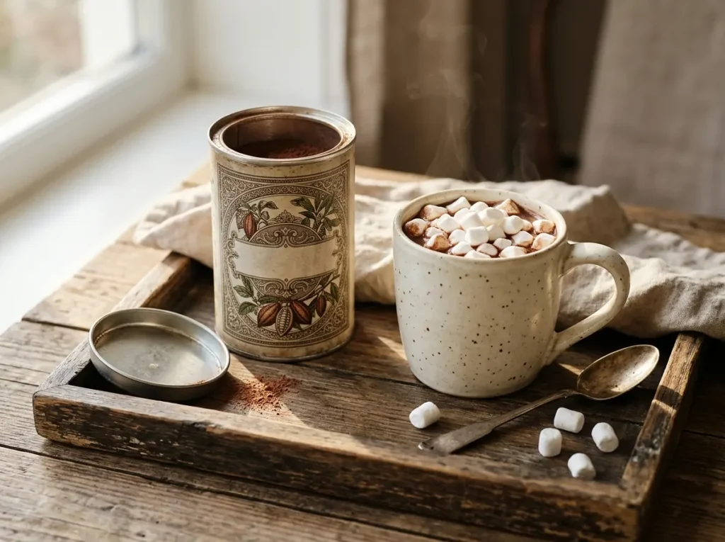 Drinking chocolate tin beside a cream stoneware mug