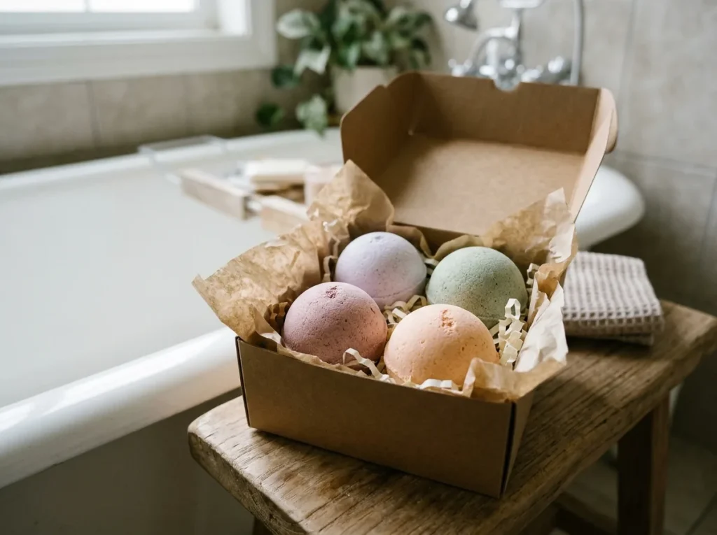 Four pastel bath bombs in a kraft gift box
