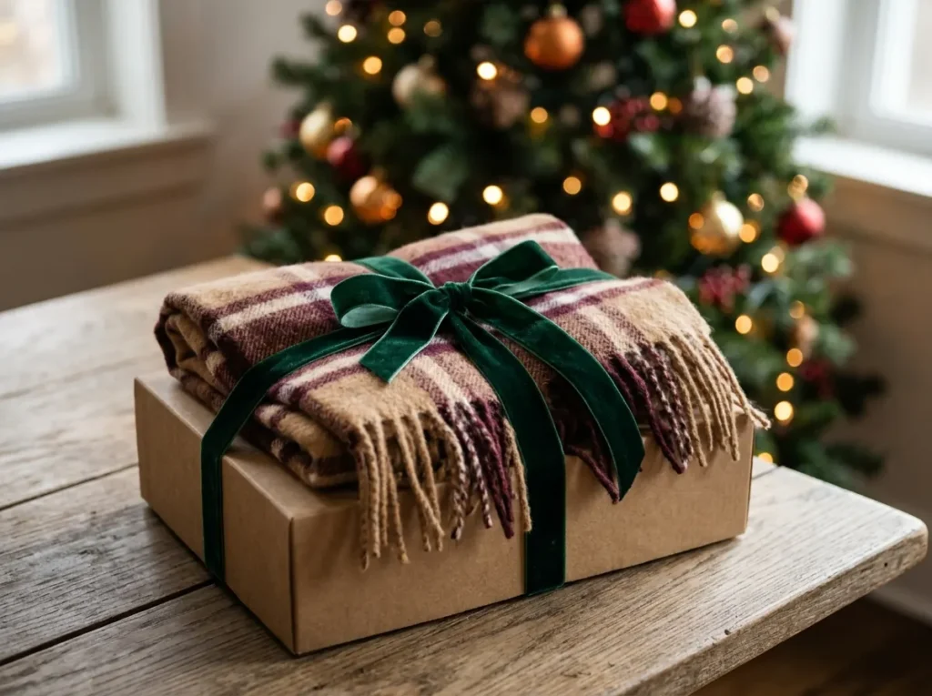 Camel and burgundy check scarf tied with velvet ribbon
