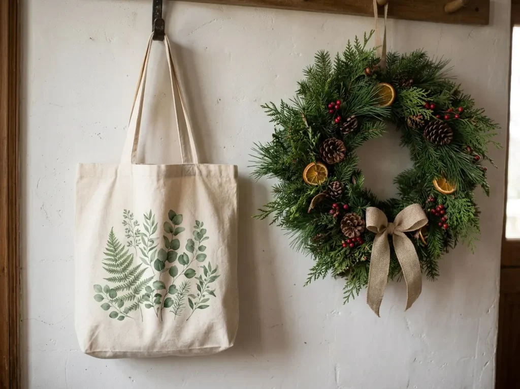 Natural canvas tote bag with a botanical print
