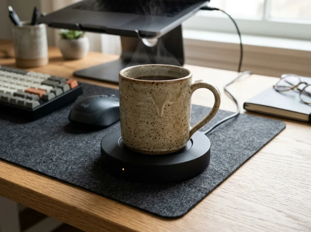 Electric mug warmer with a mug on a home desk