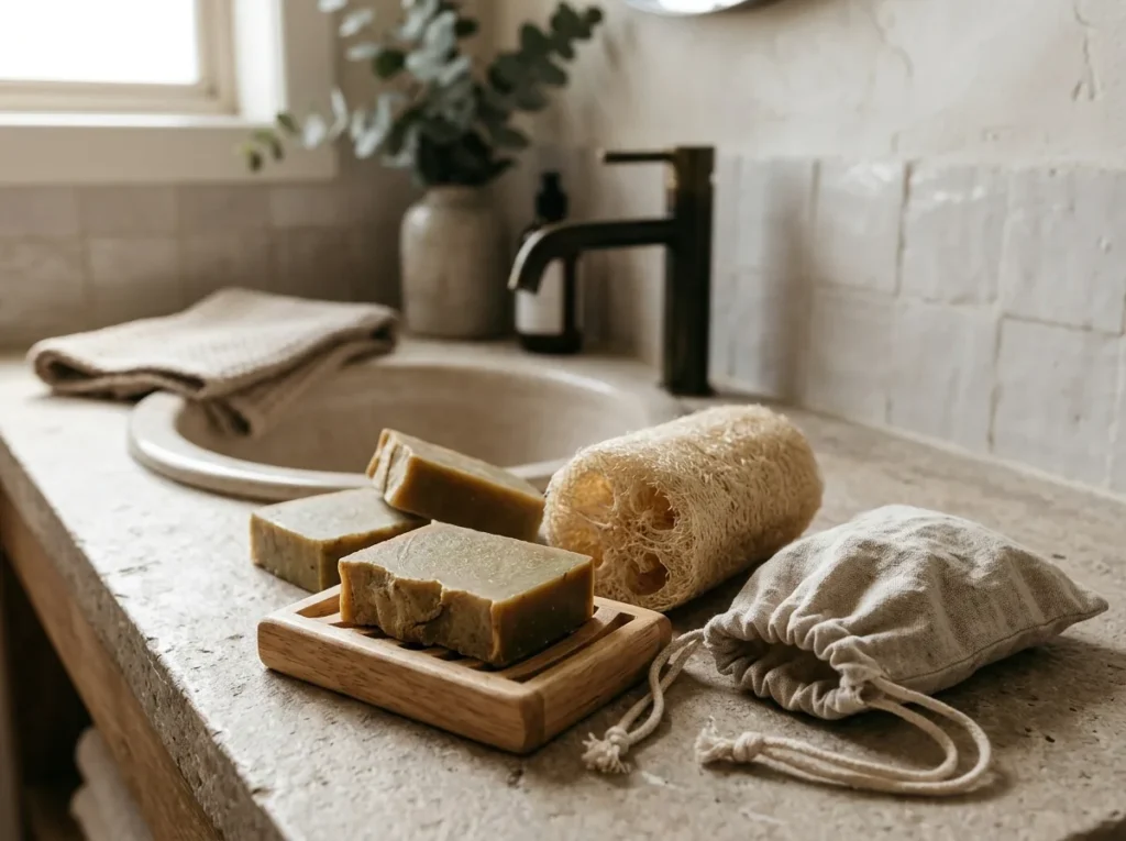 Olive oil soap bars with a loofah and wooden dish
