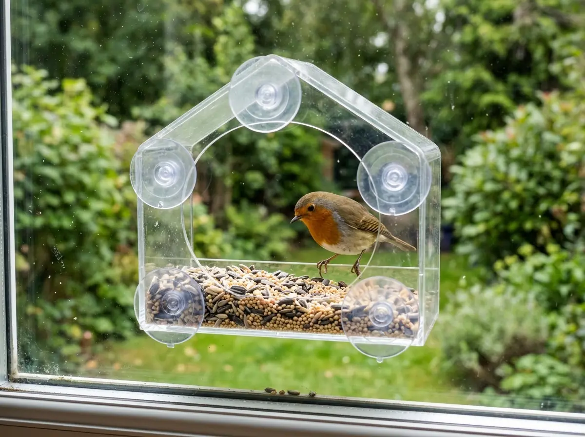 Clear window bird feeder with a robin perched on it