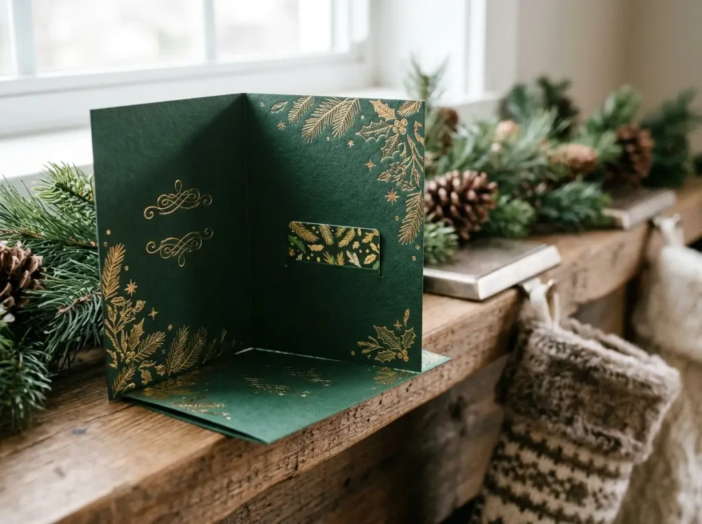 Gift card tucked inside a deep-green Christmas card