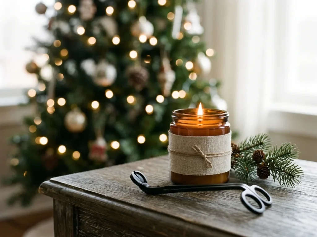 Amber glass candle with a wooden wick, softly lit
