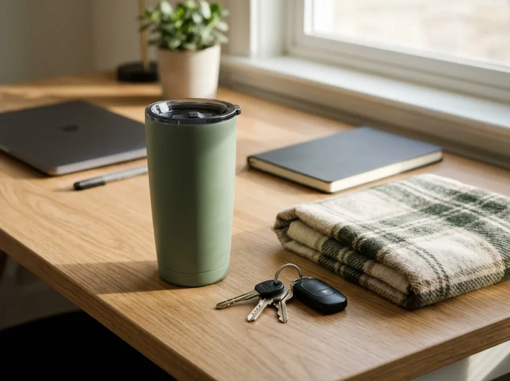 Matte sage insulated travel tumbler on a desk