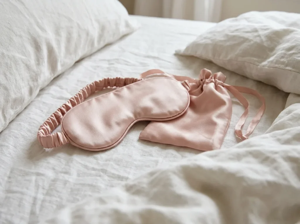 Blush silk sleep mask resting on linen bedding