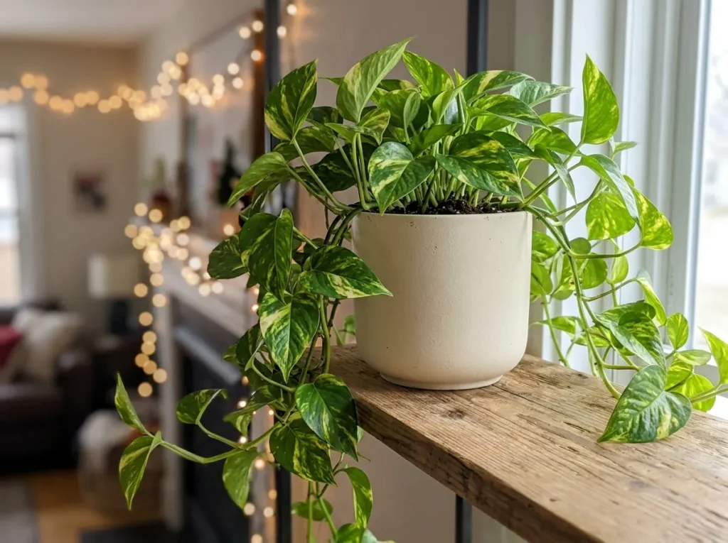 Golden pothos trailing from a matte ceramic pot