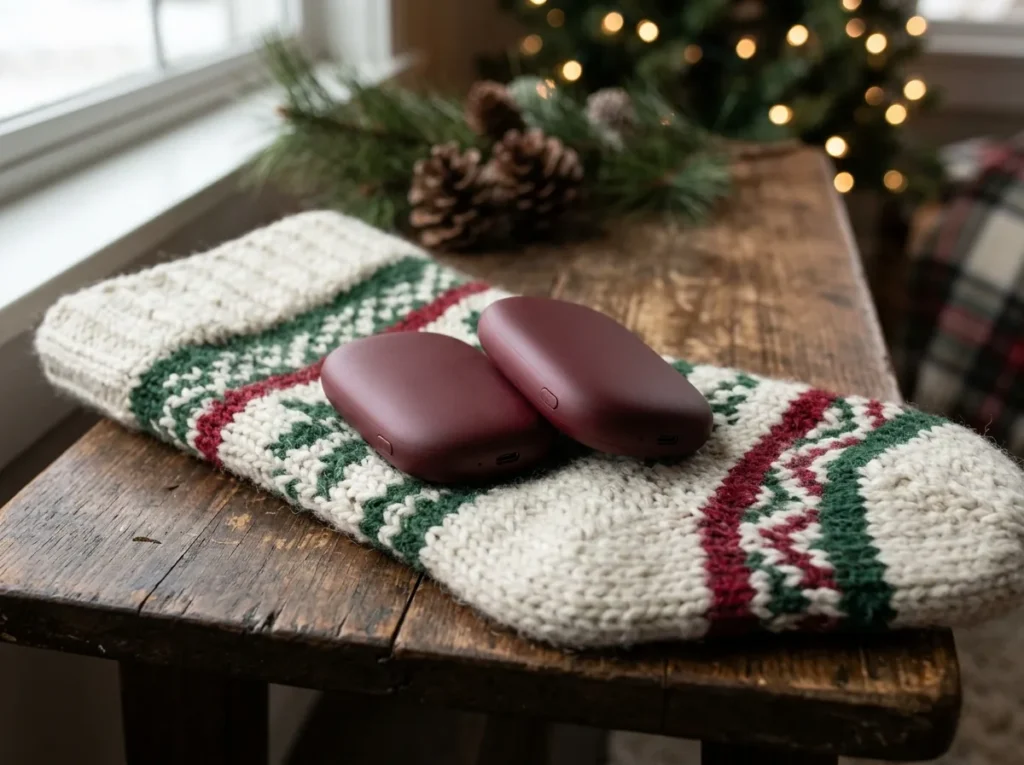 Pair of burgundy rechargeable mini hand warmers