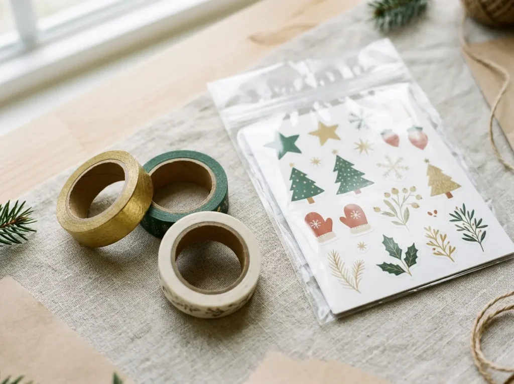 Washi tape rolls and festive sticker set in a pouch