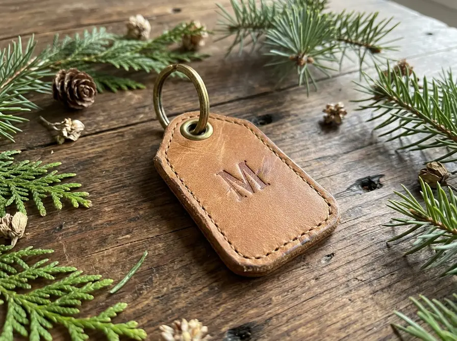 Personalised tan leather initial keyring with brass ring