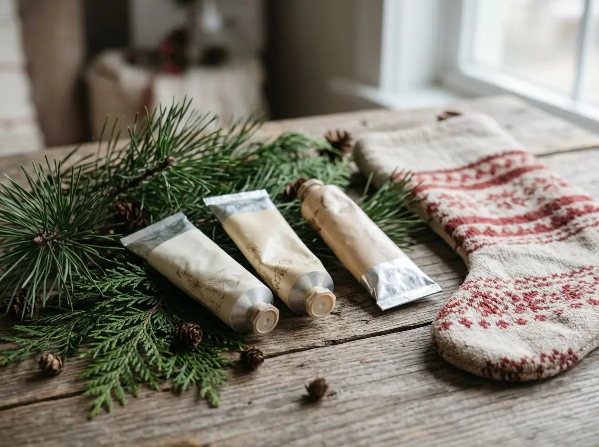 Three travel-size hand lotion tubes in cream and pine