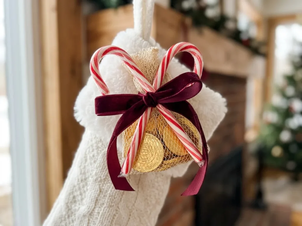 Gold chocolate coins and candy canes tied with burgundy ribbon
