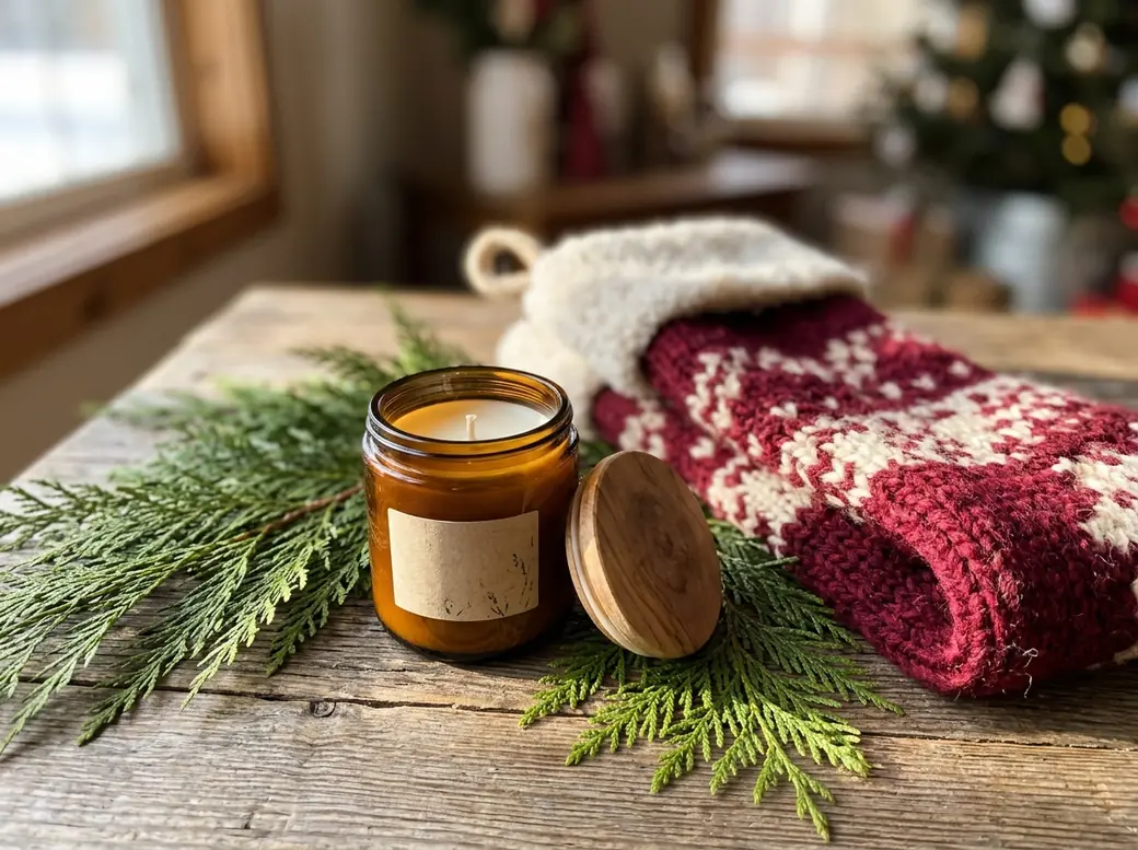 Small scented candle in amber glass with wooden lid