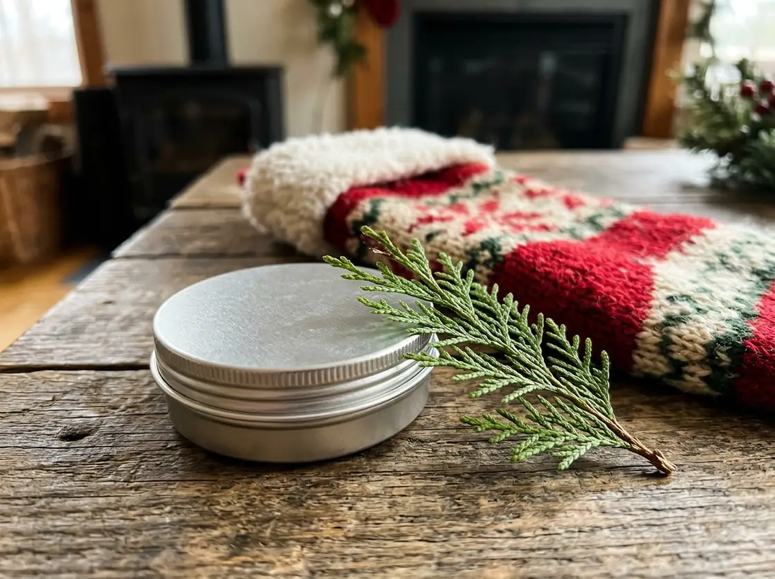 Mini beard balm tin with cedar sprig
