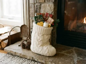 Filled Christmas stocking with small gifts by a fireplace
