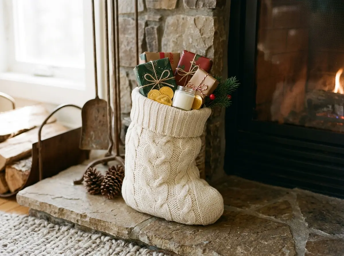 Filled Christmas stocking with small gifts by a fireplace