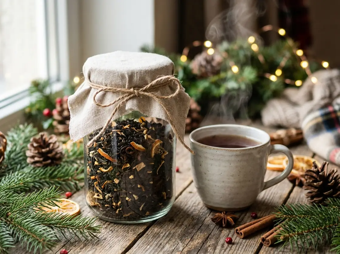 Mason jar of loose-leaf tea with a fabric lid