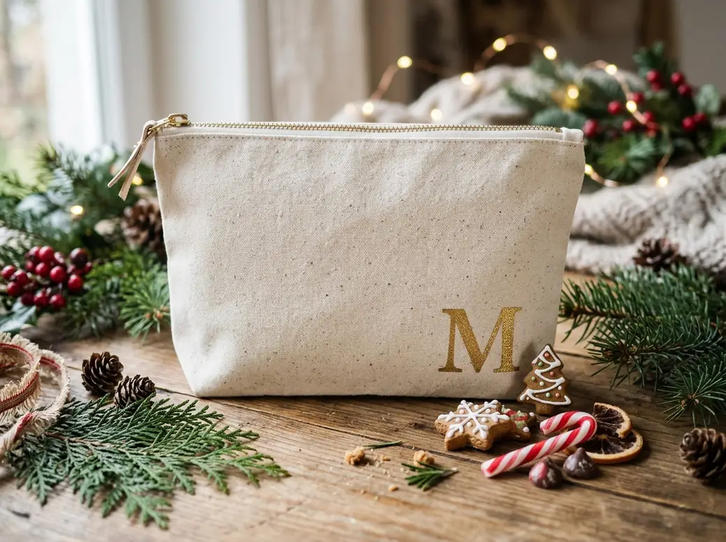 Canvas pouch with a gold stencilled initial
