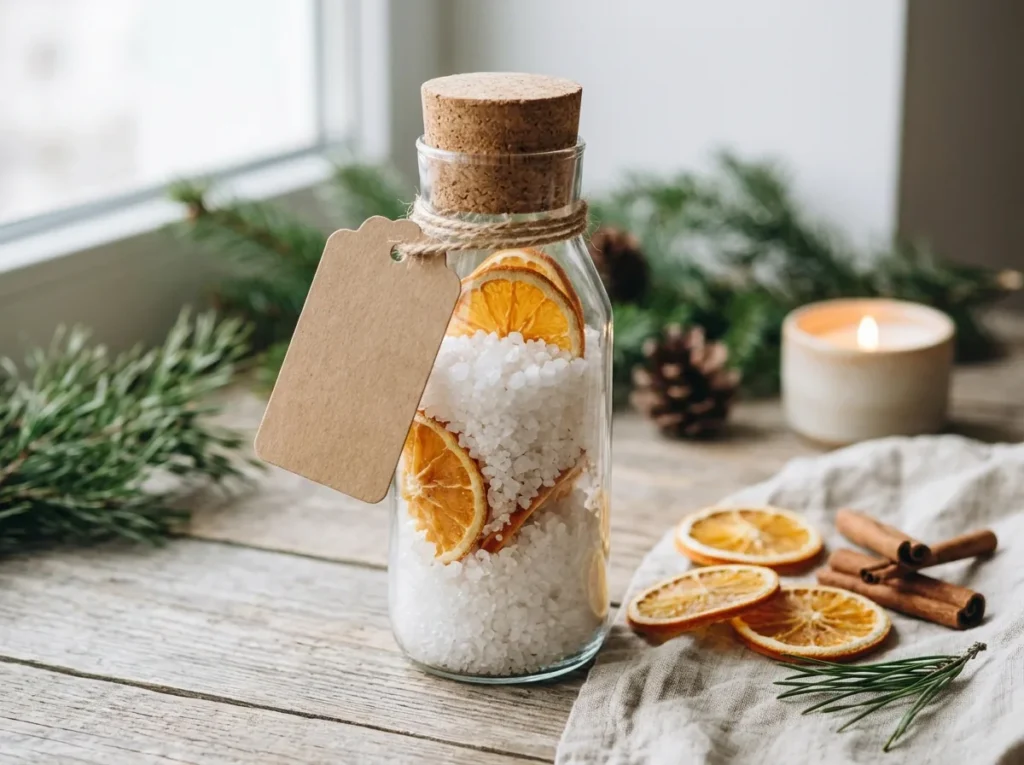 Bath salts in a glass milk bottle with cork