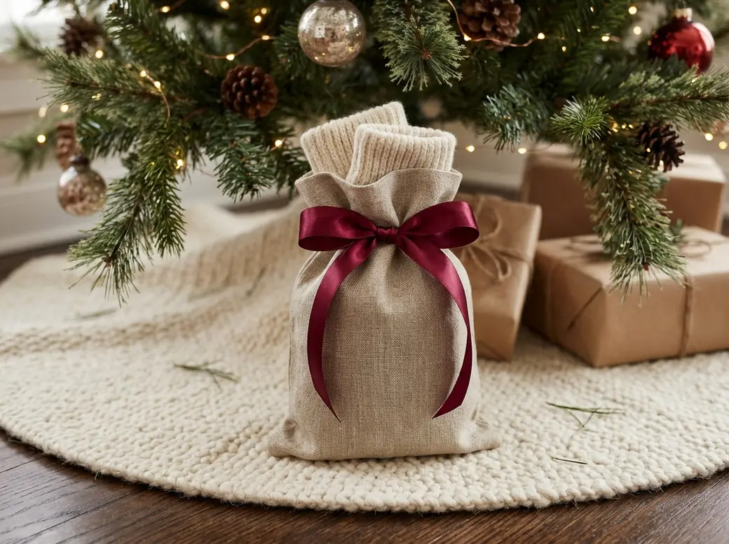 Neutral knit gloves in a linen sack under a tree