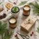 Small wrapped Christmas gifts arranged on linen