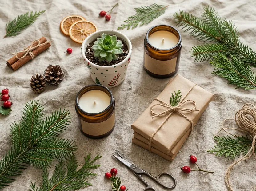 Small wrapped Christmas gifts arranged on linen