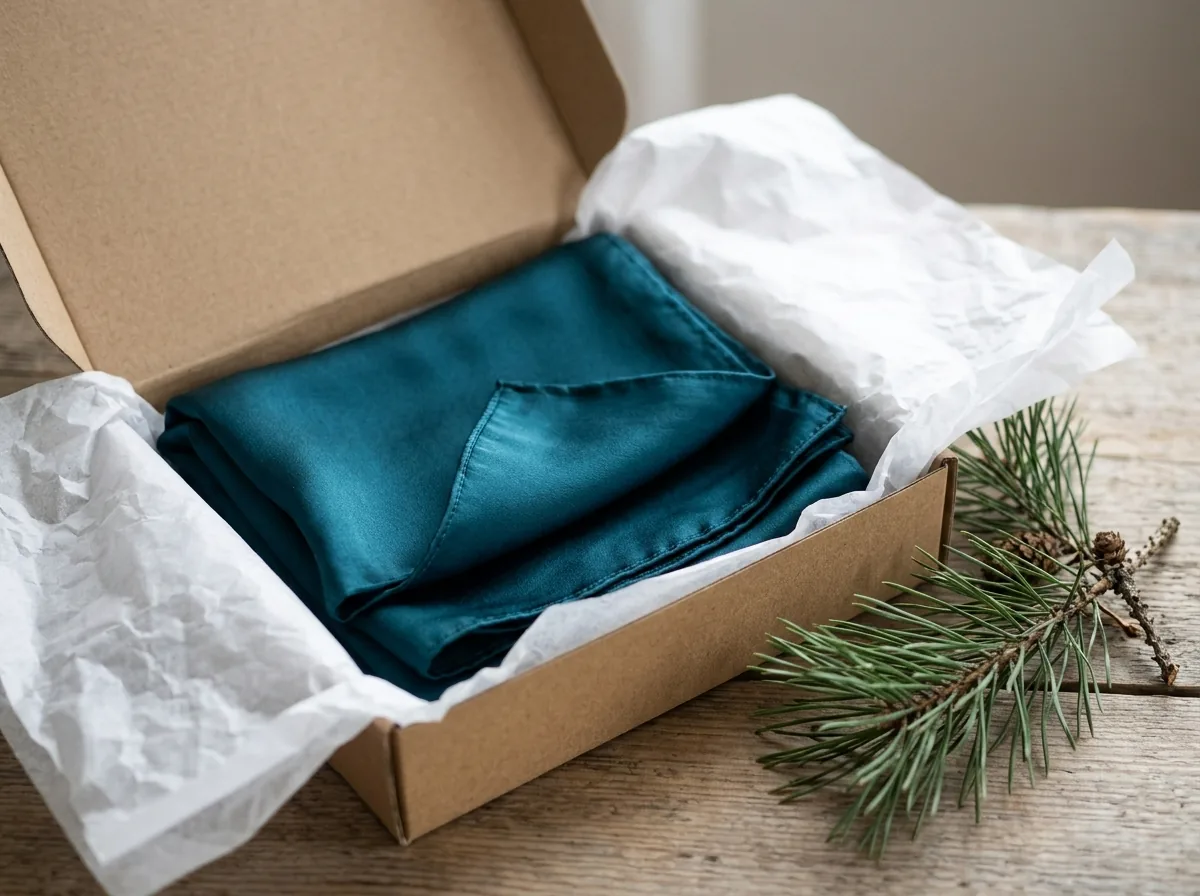 Folded silk scarf resting in a tissue-lined gift box